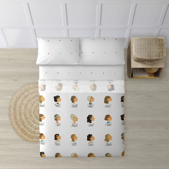 JUEGO DE SÁBANAS CON ALMOHADA Y BAJERA ESTAMPADAS A JUEGO 100% ALGODÓN MODELO MUJERES PARA CAMA DE 90 160X270 image 0