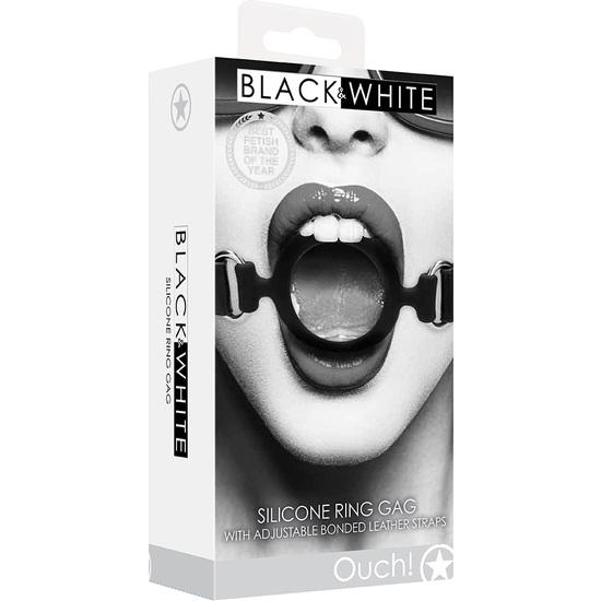 OUCH! - SILICONE RING GAG - WITH ADJUSTABLE BONDED LEATHER STRAPS - BLACK image 1