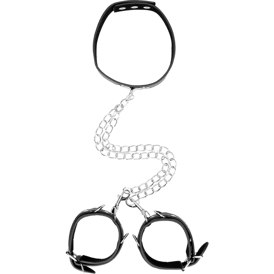 BONDED LEATHER COLLAR WITH HAND CUFFS - WITH ADJUSTABLE STRAPS AND CHAIN image 5