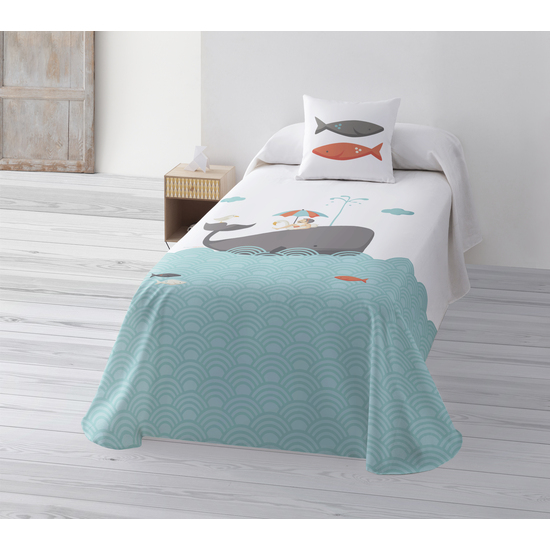 JUEGO DE SÁBANAS CON ALMOHADA Y BAJERA ESTAMPADAS A JUEGO 100% ALGODÓN MODELO BALLENA PARA CAMA DE 105. image 0