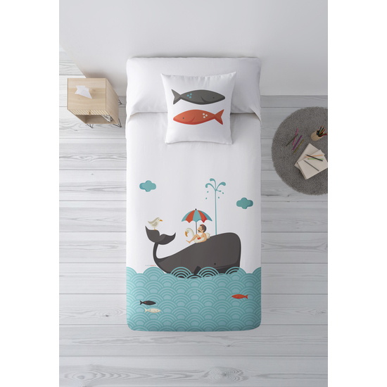 JUEGO DE SÁBANAS CON ALMOHADA Y BAJERA ESTAMPADAS A JUEGO 100% ALGODÓN MODELO BALLENA PARA CAMA DE 105. image 1