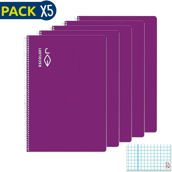 ESCOLOFI PACK 5 BLOC ESPIRAL FOLIO 50 H 70 GR CUADRÍCULA 3X3 MARGEN VIOLETA image 0