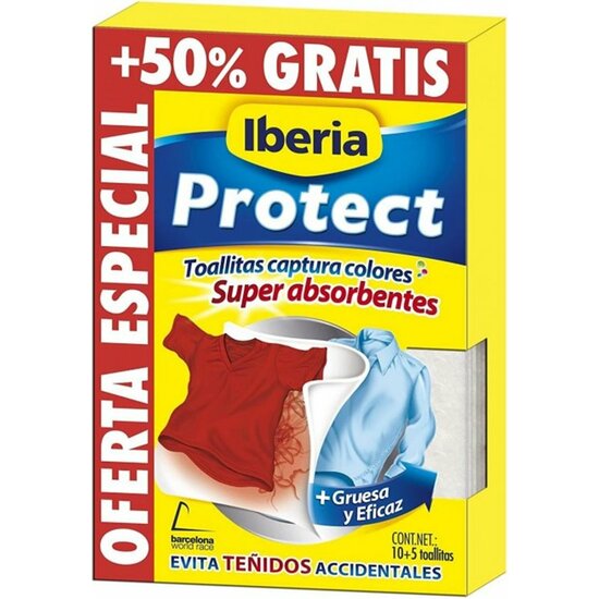 PROTECT TOALLITAS SUPER ABSORBENTES PARA ROPA DE COLOR EVITA TEÑIDOS ACCIDENTALES CAJA 15 UNIDADES image 0