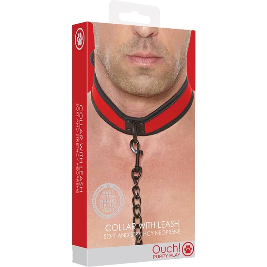OUCH PUPPY PLAY - NEOPRENE COLLAR WITH LEASH - RED image 1