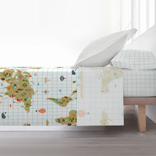 JUEGO DE SÁBANAS CON ALMOHADA Y BAJERA ESTAMPADAS A JUEGO 100% ALGODÓN MODELO MAPAMUNDI BEIG PARA CAMA DE 150/160 (240X270) image 2