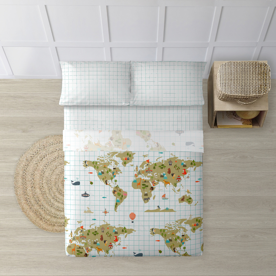 JUEGO DE SÁBANAS CON ALMOHADA Y BAJERA ESTAMPADAS A JUEGO 100% ALGODÓN MODELO MAPAMUNDI BEIG PARA CAMA DE 180 (260X270) (240X270) 175X270 image 0