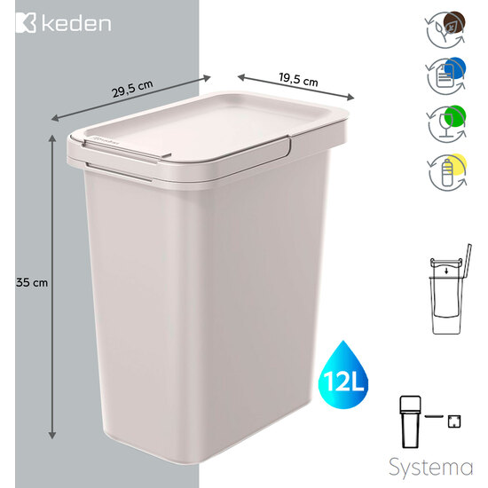 CUBO DE RECICLAJE DE FORMA CUADRADA 12L COLOR BLANCO KEDEN image 1