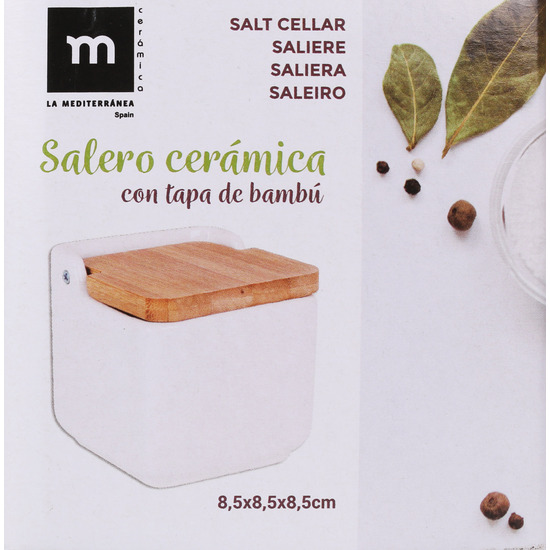 SALERO CERAMICA CON TAPA BAMBU 8.5X8.5X8.5CM image 1