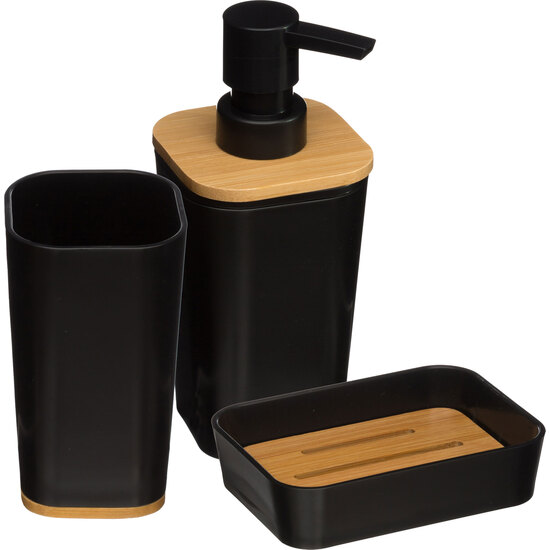 SET DE BAÑO: DISPENSADOR DE JABÓN LÍQUIDO, BANDEJA JABONERA Y VASO DE BAÑO, EN COLOR NEGRO CON BAMBÚ image 0