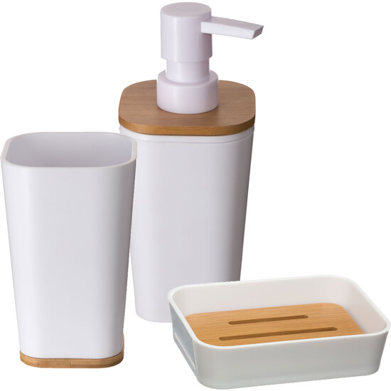 SET DE BAÑO: DISPENSADOR DE JABÓN LÍQUIDO, BANDEJA JABONERA Y VASO DE BAÑO, EN COLOR BLANCO CON BAMBÚ image 0