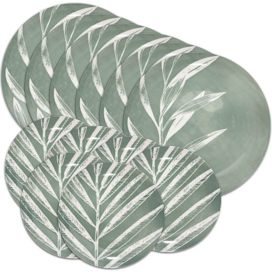 VAJILLA DE 12 PIEZAS DE PORCELANA COLOR VERDE CON DECORACIÓN DE HOJAS: 6 PLATOS LLANOS D.26CM + 6 PLATOS DE POSTRE D.19CM image 0