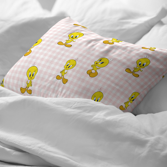 FUNDA DE ALMOHADA 100% ALGODÓN TWEETY VICHY PINK CAMA DE 50X80CM. image 1