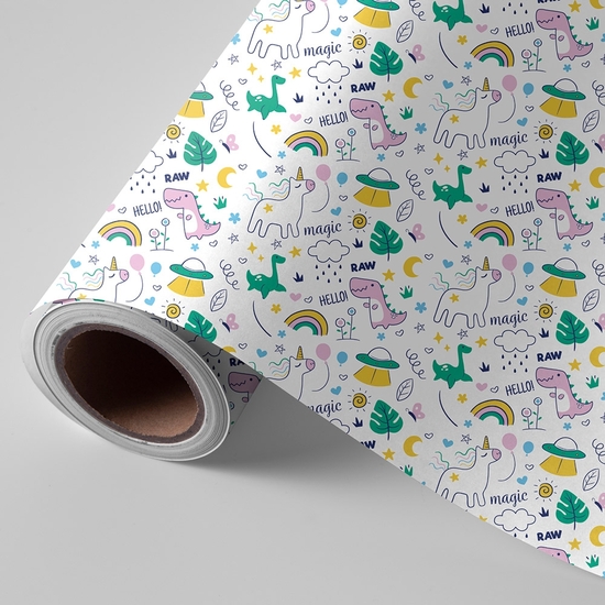 BOBINA PAPEL REGALO 62 CM 95 MTS. INFANTIL UNICORNIOS Y DINOSAURIOS image 0