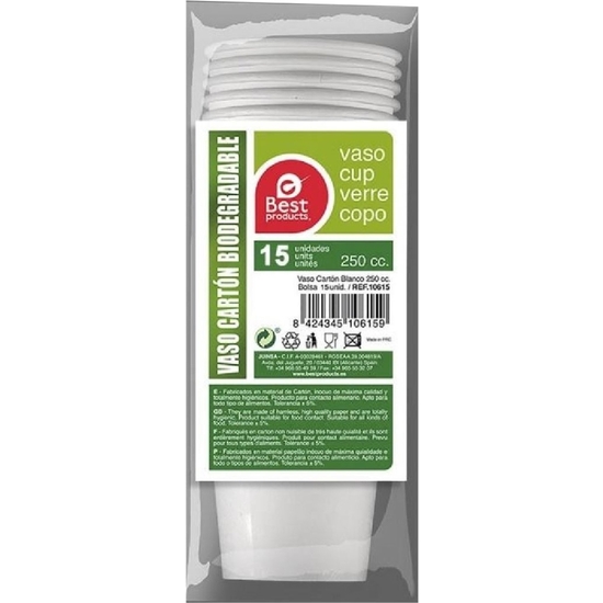 PACK 15 VASOS CARTÓN BLANCO BIODEGRADABLE 250 CL. image 1