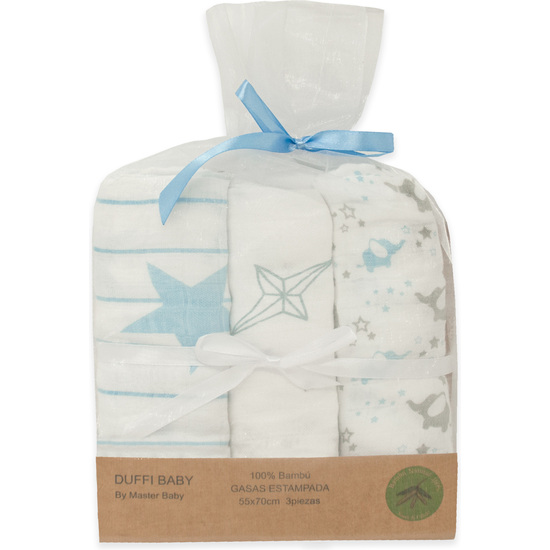 MUSELINAS ESTAMPADAS 100% BAMBÚ (3 PIEZAS) 55X70 CM. AZUL image 0