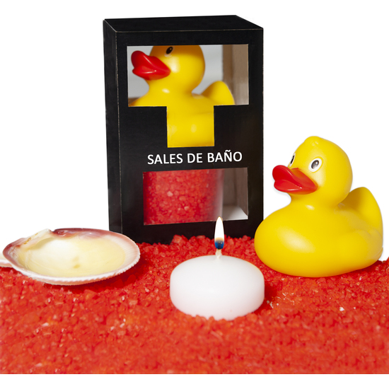 SET DE SALES DE BAÑO FRUTOS ROJOS 150 GR. CON PATO BAÑERA, VELA AROMATICA Y CONCHA image 0