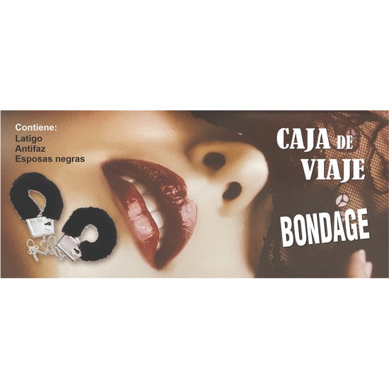 CAJA DE VIAJE DE BONDAGE ESPOSAS NEGRAS + LATIGO + ANTIFAZ image 0