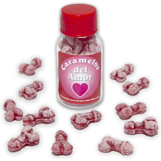BOTE DE 12 CARAMELOS DE PITO DEL AMOR DE SABOR FRESA-CEREZA image 0