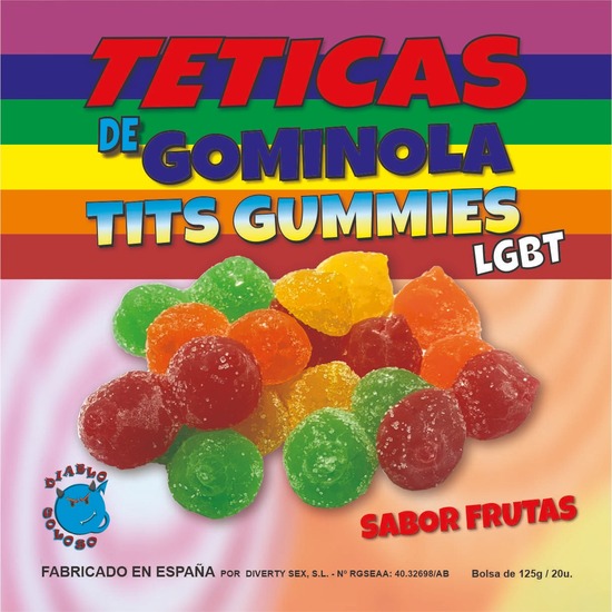 CAJA DE GOMINOLA DE TETAS AZUCAR SABOR FRUTAS 6 COLORES Y SABORES LGBT MADE IS SPAIN image 0
