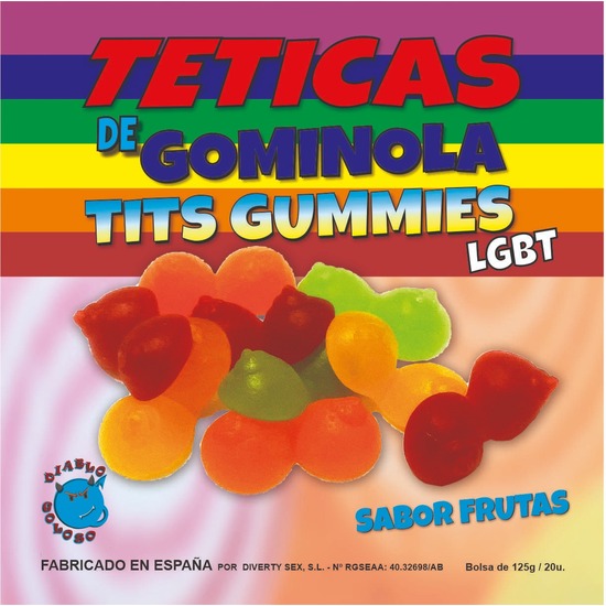 CAJA DE GOMINOLA DE TETAS BRILLO SABOR FRUTAS 6 COLORES Y SABORES LGBT MADE IS SPAIN image 0