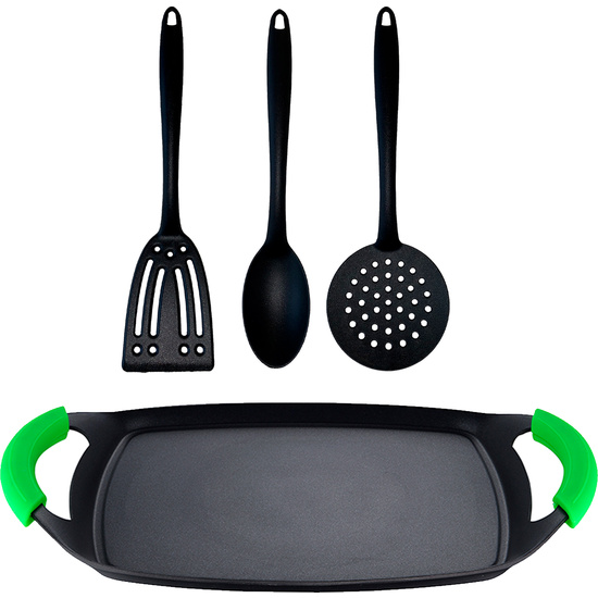SET DE 3 UTENSILIOS DE COCINA + PLANCHA GRILL/ASADOR ALUMINIO FORJADO image 0