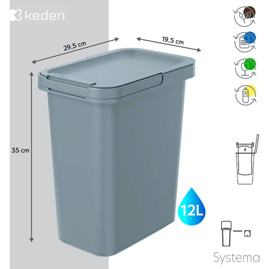 CUBO DE RECICLAJE DE FORMA CUADRADA 12L COLOR GRIS KEDEN image 1