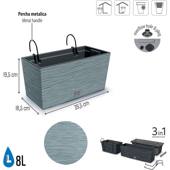 MACETERO COLOR CEMENTO, CON DEPÓSITO Y GANCHOS PARA COLGAR, COLECCIÓN FURU, DE 39,5 X 18,5 X 19,5 CM, CAPACIDAD DE 8 L. image 1