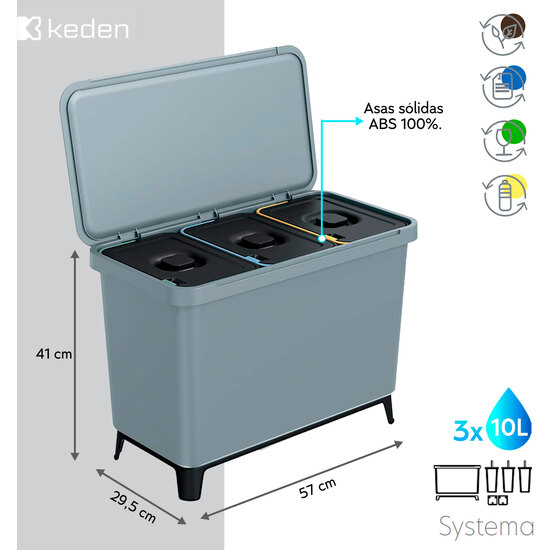 SISTEMA CLASIFICADOR DE RECICLAJE 3X10L COLOR GRIS KEDEN image 1