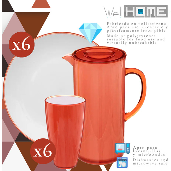 JUEGO DE VAJILLA DE POLIESTIRENO EN ROJO CORAL WELLHOME. image 1