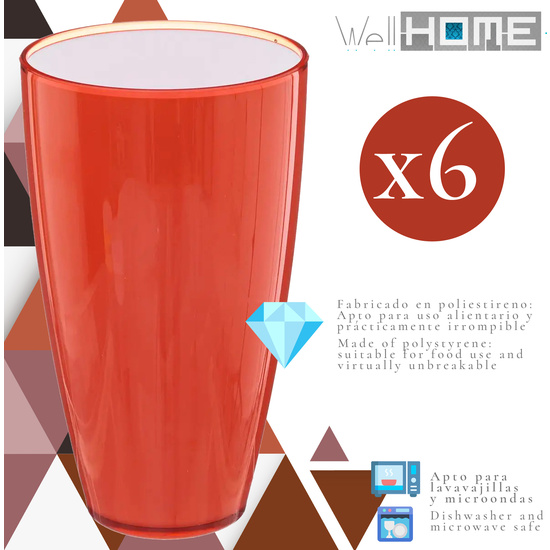 JUEGO DE 6 VASOS ROJO CORAL WELLHOME. image 1