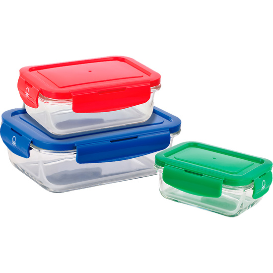 SET 3PC HERMÉTICO RECTANGULAR (330 ML TAPAS DE COLOR) EN BOROSILICATO BENETTON. image 0