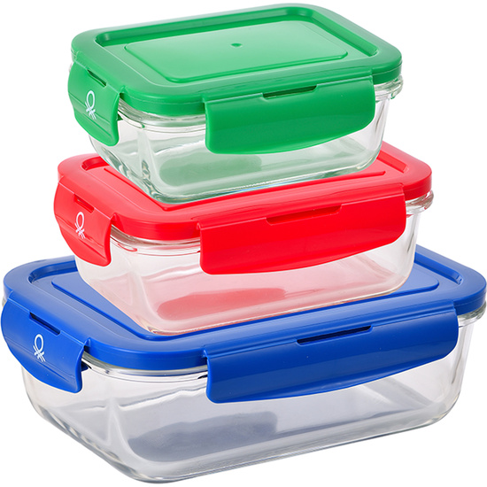 SET 3PC HERMÉTICO RECTANGULAR (330 ML TAPAS DE COLOR) EN BOROSILICATO BENETTON. image 1