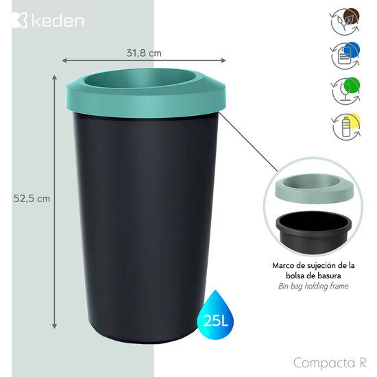 CUBO DE RECICLAJE 25L KEDEN EN PLÁSTICO CON PRÁCTICA TAPA ABIERTA COLOR VERDE. image 1