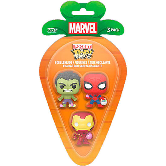 BLISTER 3 FIGURAS CARROT POCKET POP MARVEL SPIDERMAN HULK IRON MAN image 0