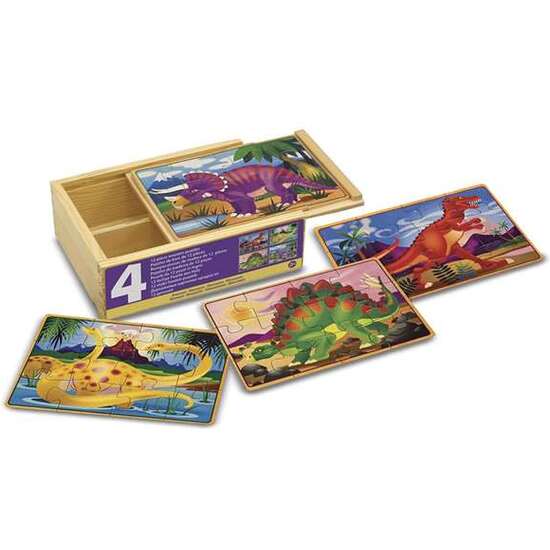 PUZZLE DINOSAURIOS MELISSA & DOUG SET 4 PUZZLES DE 12 PIEZAS EN CAJA DE MADERA image 0