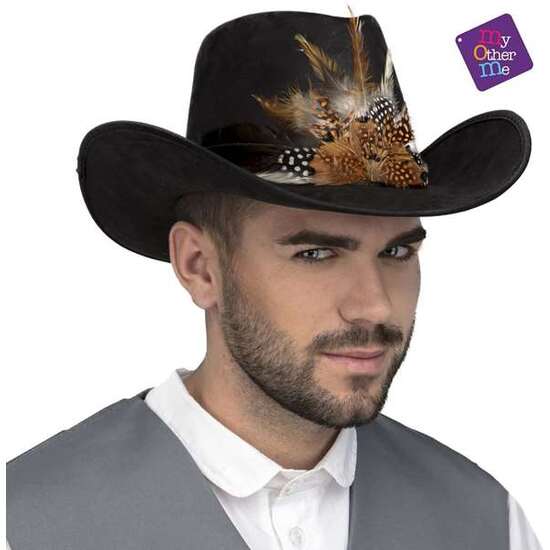 SOMBRERO VAQUERO CON PLUMAS MARRÓN 59 CM image 1