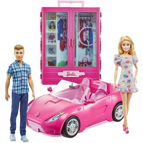 MUÑECA BARBIE Y KEN CON SU ARMARIO Y COCHE DESCAPOTABLE ROSA DE DOS PLAZAS. INCLUYE ACCESORIOS. image 0