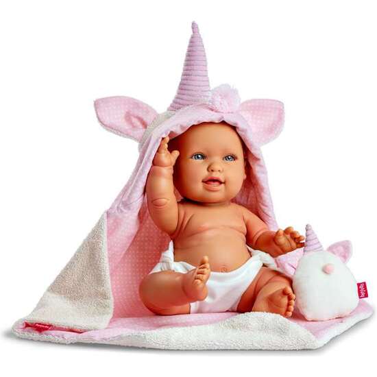 MUÑECA BABY UNICORNIO ANDREA CON TOQUILLA Y PELUCHE 38CM image 0