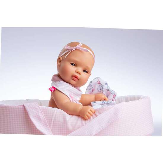 MUÑECA BEBE BABY SMILE CUERPO VINILO ARTICULADO EN CANASTA ROSA 30CM image 3