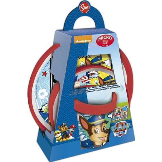 SET VAJILLA PLÁSTICO PREMIUM BICOLOR 3 PIEZAS (2 PLATOS Y 1 VASO) PAW PATROL COMIC ANTIDESLIZANTE image 0