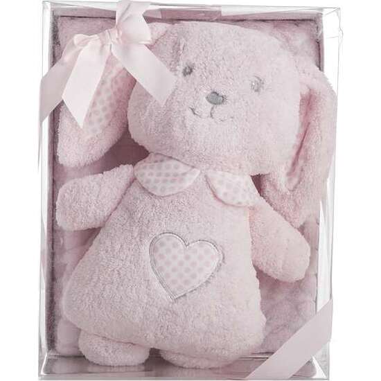 CAJA REGALO MANTA CORAZON 100X75 + CONEJO ROSA33CM image 1