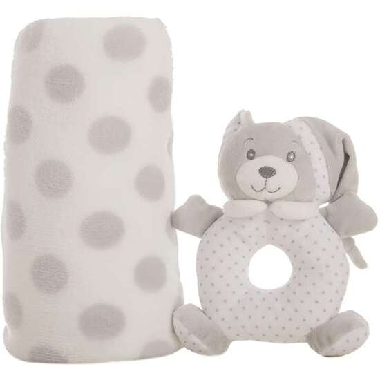 SET CAJA MANTA GRIS 100 X 75 + SONAJERO 16 CM image 1