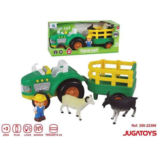 TRACTOR CON REMOLQUE CON 1 FIGURA GRANJERO Y 2 CABRAS, LUCES Y SONIDOS 10X33X13CM image 1