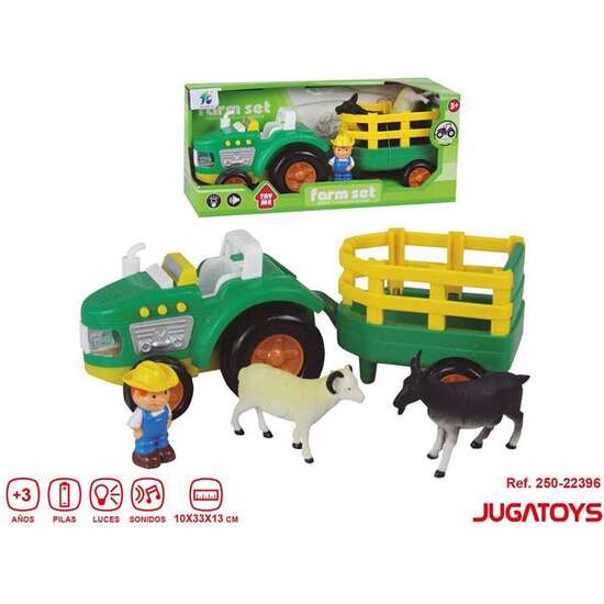 TRACTOR CON REMOLQUE CON 1 FIGURA GRANJERO Y 2 CABRAS, LUCES Y SONIDOS 10X33X13CM image 1