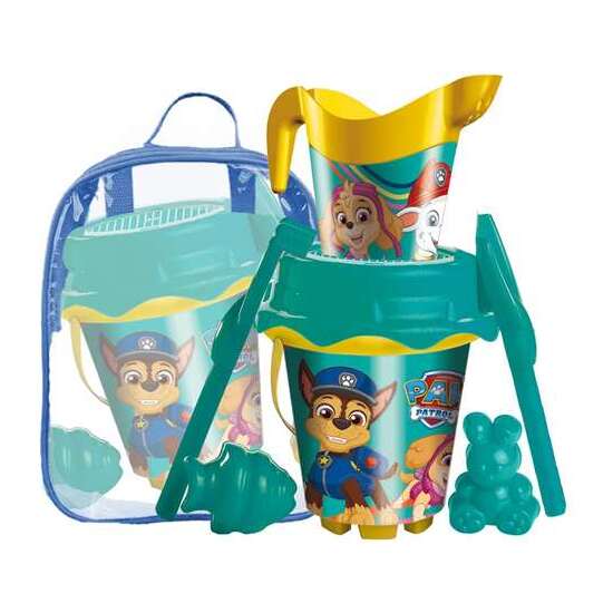 MOCHILA CUBO PLAYA CASTILLO PAW PATROL CON CEDAZO, PALA, RASTRILLO Y MOLDES 18 CM image 0