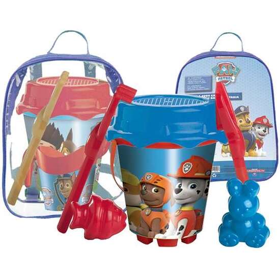 MOCHILA CUBO PLAYA CASTILLO PAW PATROL CON CEDAZO, PALA, RASTRILLO Y MOLDES 18 CM image 1