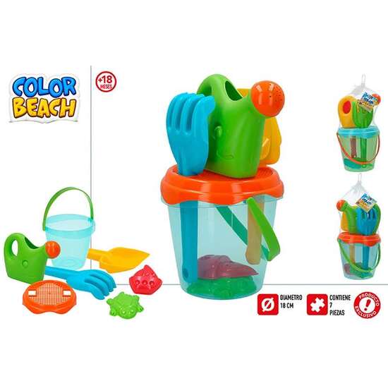 CUBO PLAYA TRASLUCIDO 18 CM CON PALA, RASTRILLO, 2 MOLDES Y REGADERA - MODELOS SURTIDOS image 0