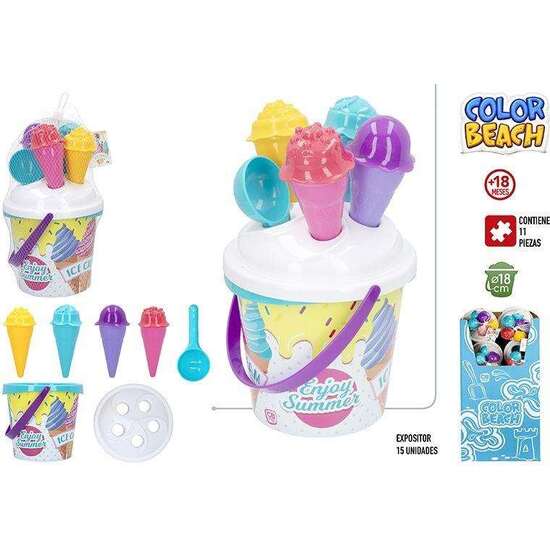 CUBO DE PLAYA 18 CM ICE CREAM CON 11 PIEZAS EN RED image 0