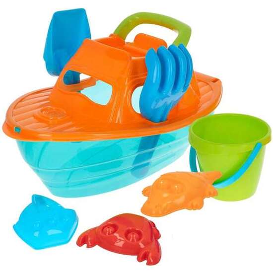 CUBO PLAYA 14 CM CON YATE 36 CM, PALA, RASTRILLO Y 3 MOLDES EN RED image 0