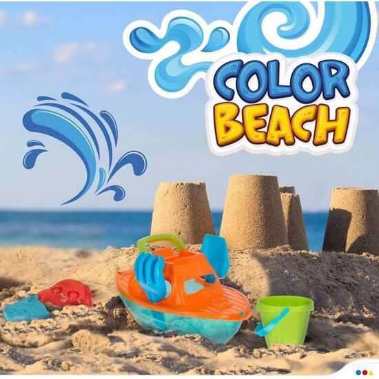 CUBO PLAYA 14 CM CON YATE 36 CM, PALA, RASTRILLO Y 3 MOLDES EN RED image 1